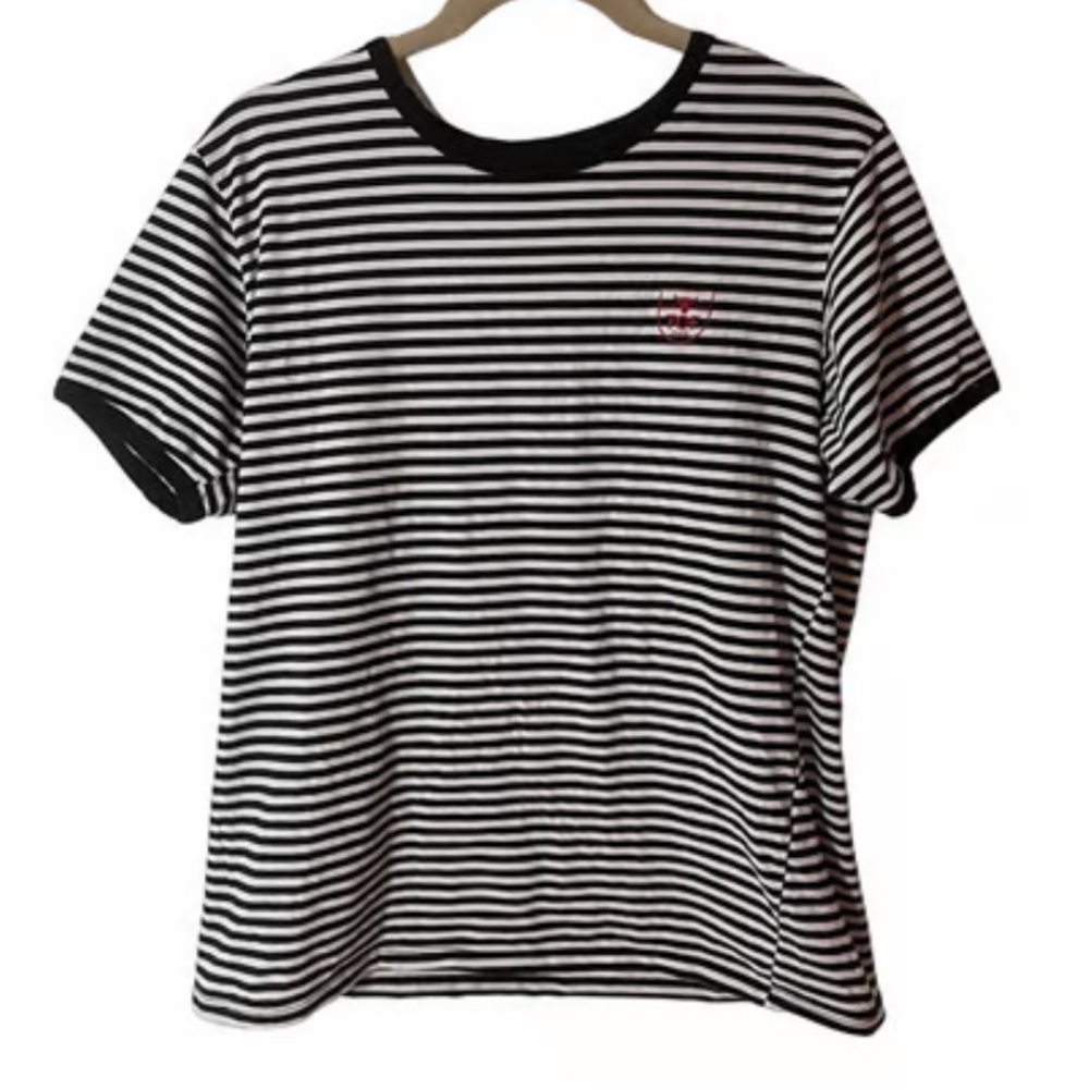 RALPH LAUREN FINE STRIPED T SHIRT NAVY RED LOGO SIZE S